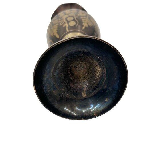 VINTAGE BRASS FLUTED RIM ETCHED FLORAL GRAPE DECOR PEDESTAL BASE INDIAN VASE - Picture 6 of 6